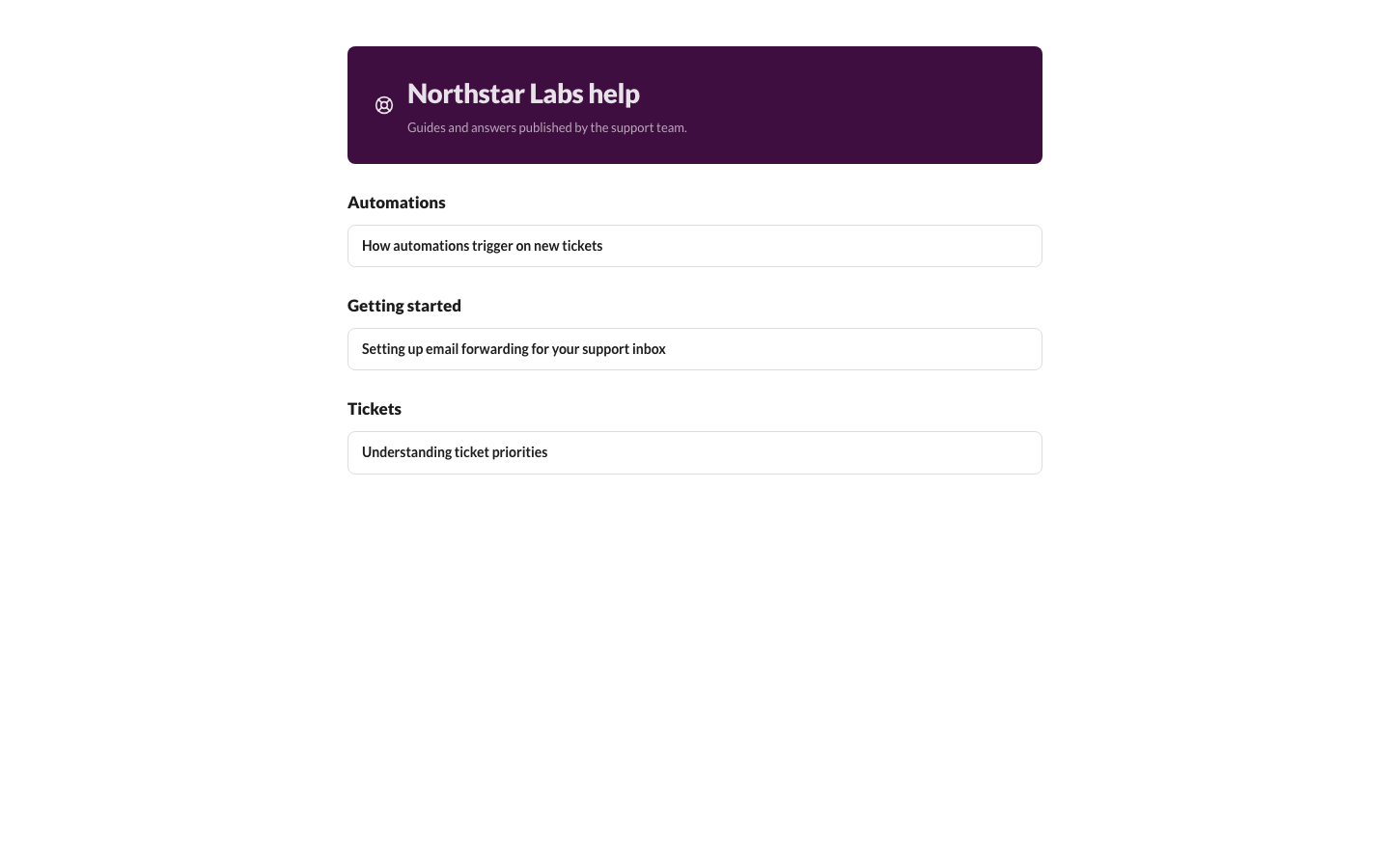 Public help center page listing knowledge base articles for a workspace.