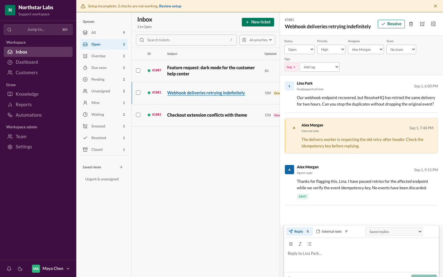 ResolveHQ inbox: a queue of tickets on the left, an open conversation in the centre, and customer details on the right.