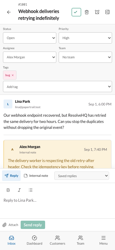 Mobile ticket view with status, priority and assignee fields, the conversation, and a five-item bottom navigation.